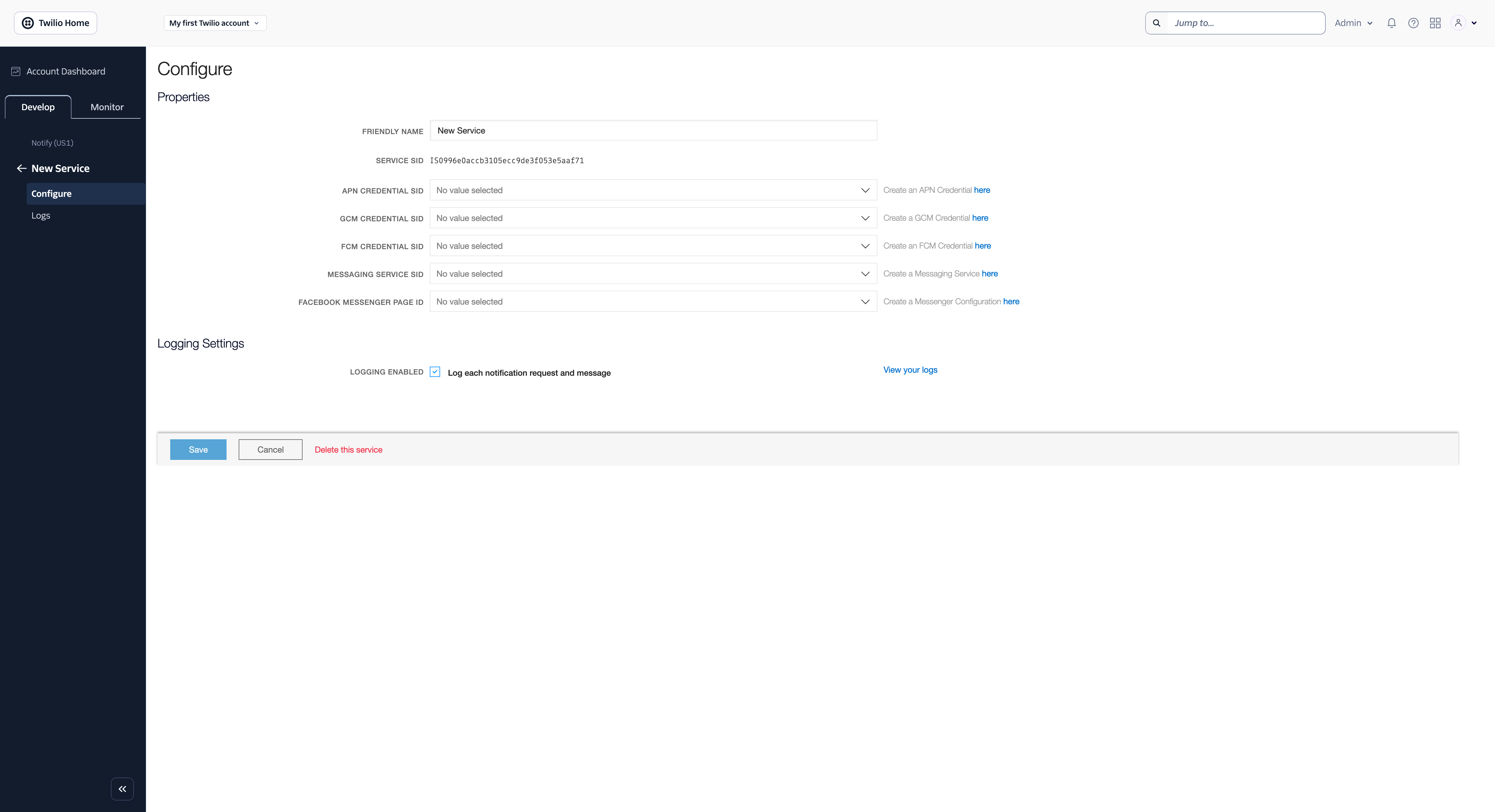 Configuring Service in Twilio Notify